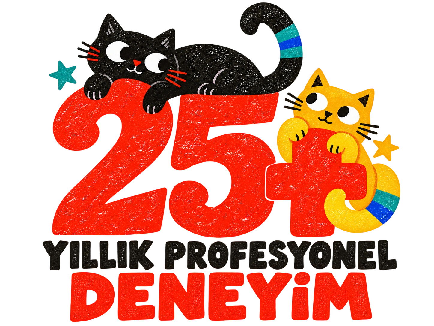 25+ yıllık profesyonel deneyim; dokulu baskı harfleriyle ve iki kediyle hazırlanmış Pawist görseli